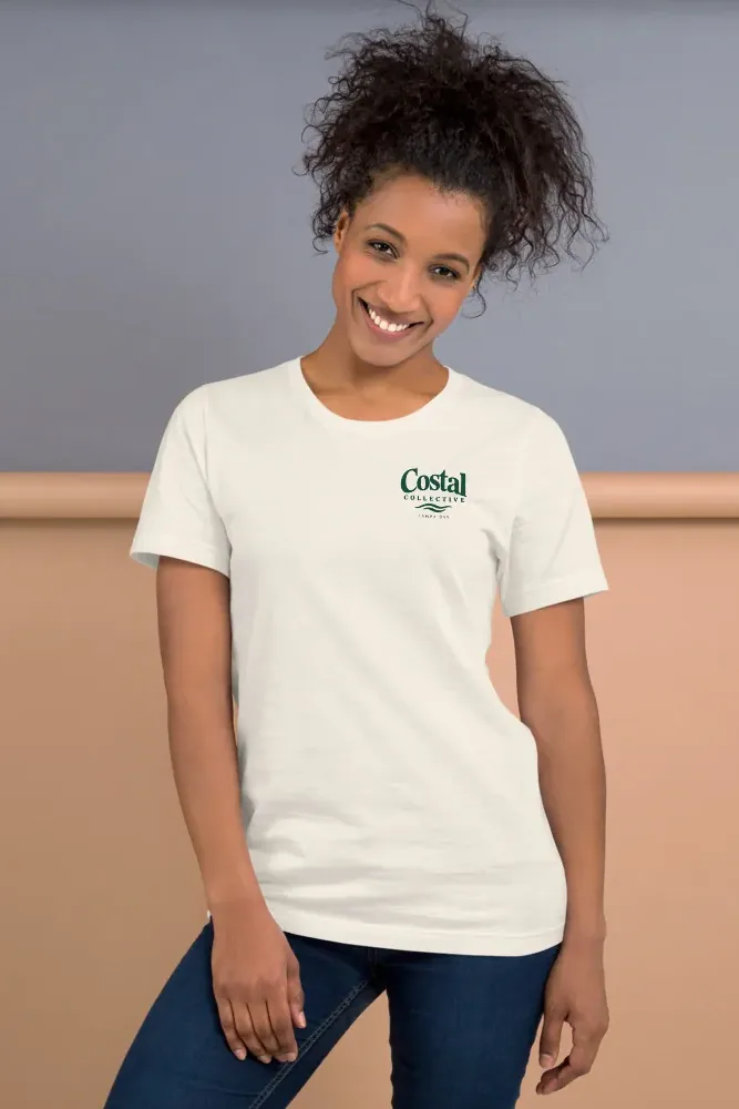 Product photo on a model: The St. Pete Beach tee, front with the chest logo
