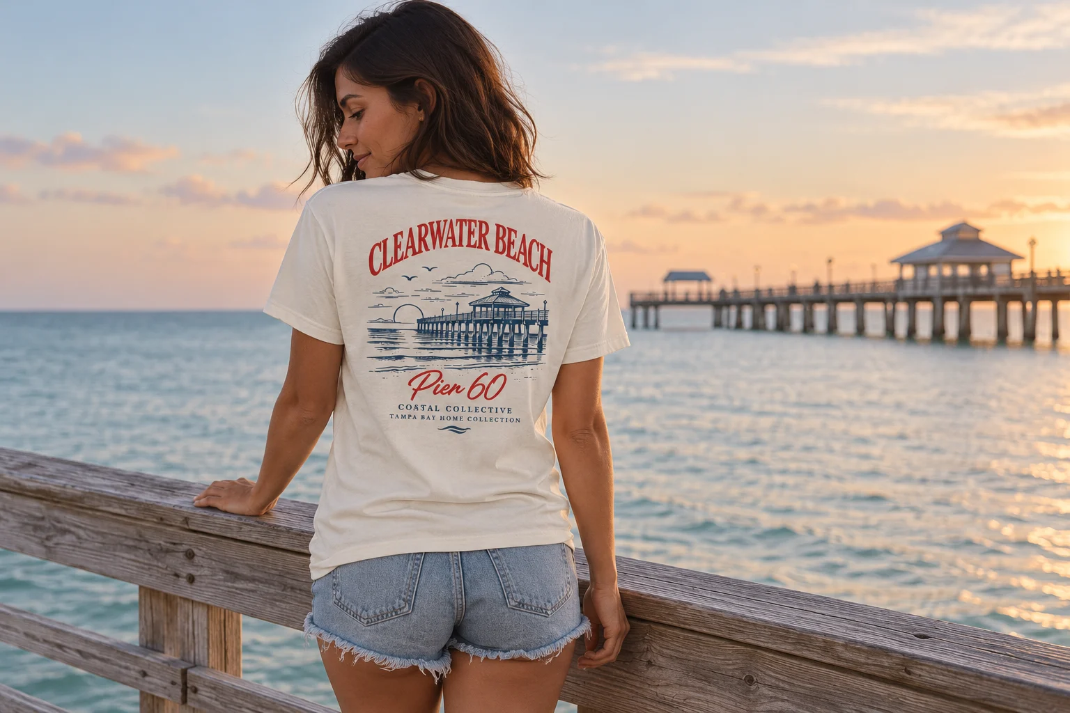 AI-created Clearwater Pier 60 tee campaign portrait by the water