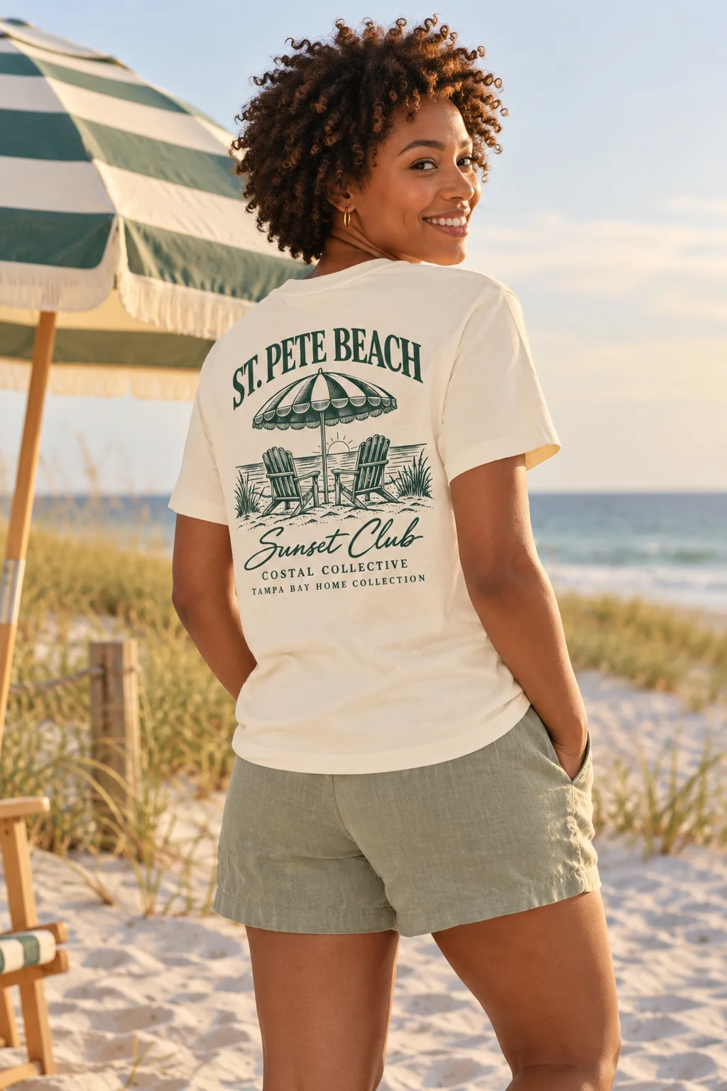 AI-created model portrait wearing the St. Pete Beach Sunset Club Tee